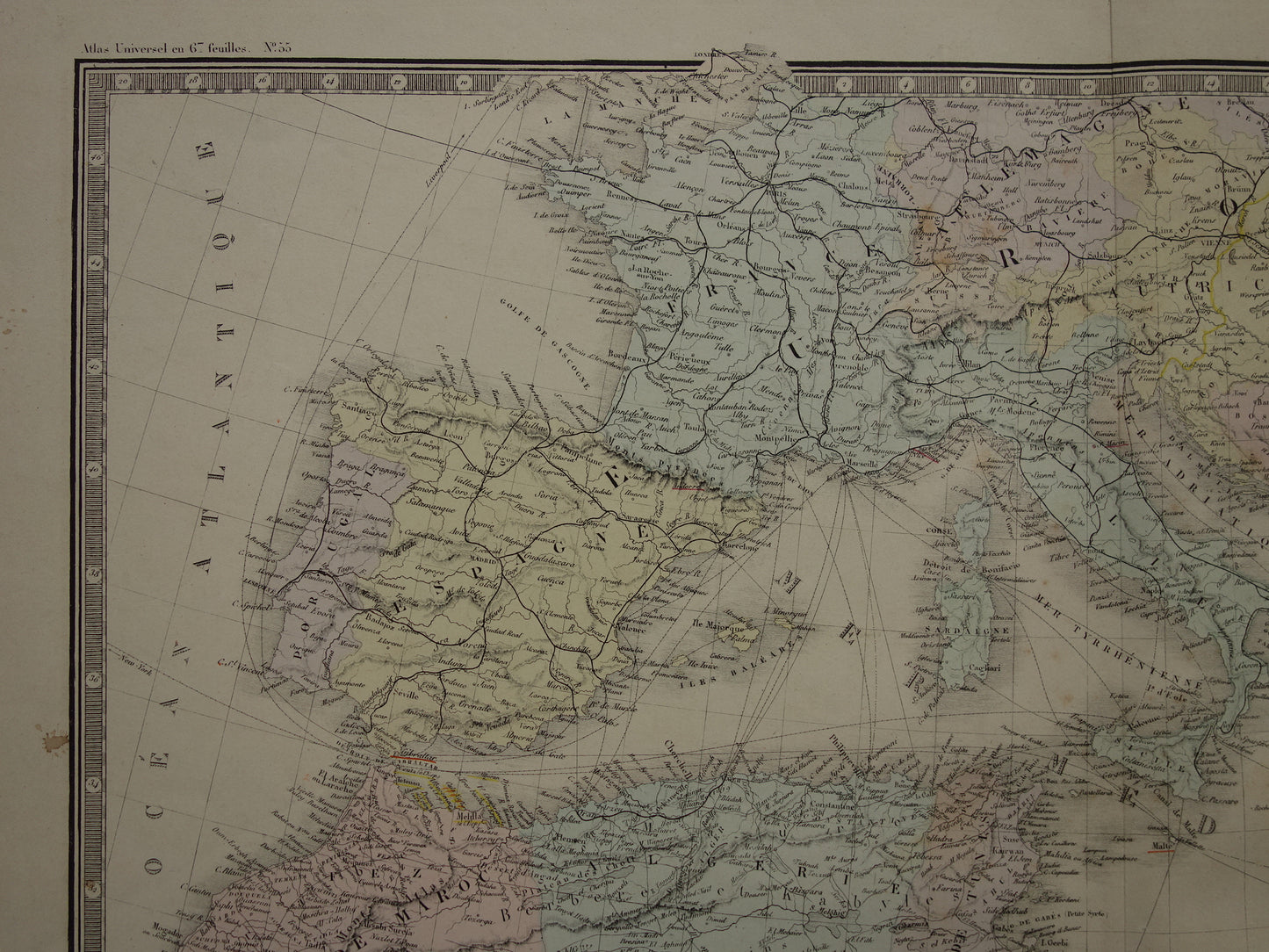 MIDDELLANDSE ZEE Grote oude kaart van Middellandse Zee regio uit 1876 originele antieke handgekleurde landkaart poster