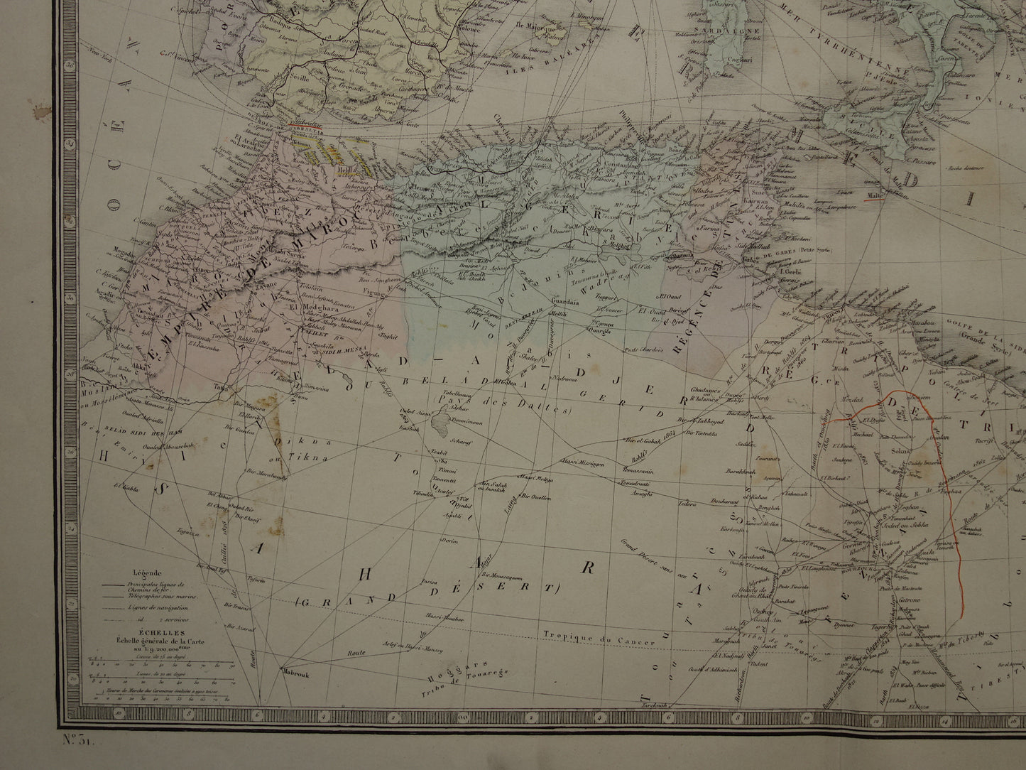 MIDDELLANDSE ZEE Grote oude kaart van Middellandse Zee regio uit 1876 originele antieke handgekleurde landkaart poster