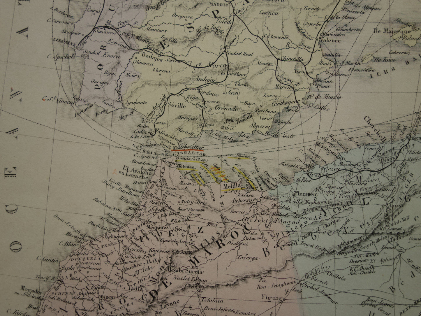 MIDDELLANDSE ZEE Grote oude kaart van Middellandse Zee regio uit 1876 originele antieke handgekleurde landkaart poster