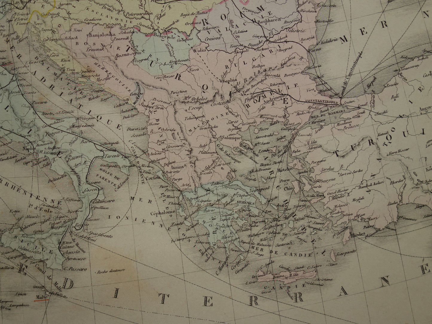 MIDDELLANDSE ZEE Grote oude kaart van Middellandse Zee regio uit 1876 originele antieke handgekleurde landkaart poster