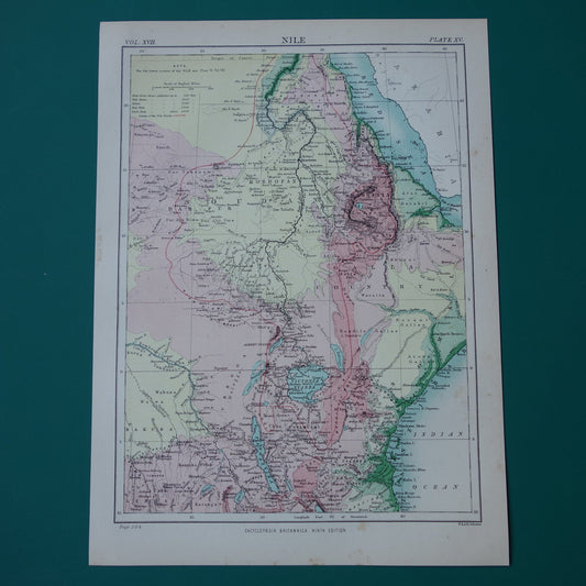 Rivier de Nijl oude kaart van bovenloop Nijl originele antieke Engelse landkaart uit 1884 vintage kaarten Soedan Victoriameer