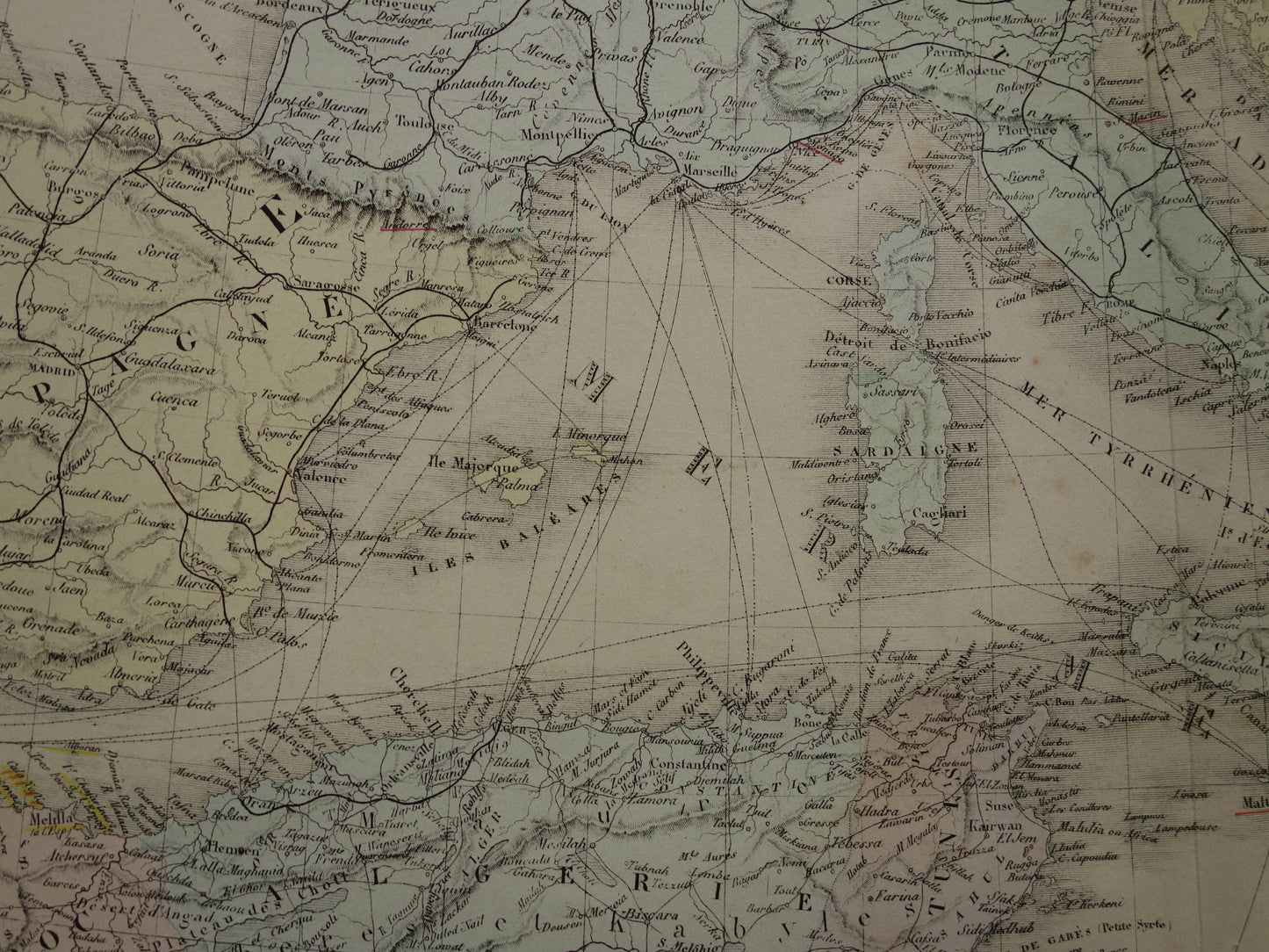 MIDDELLANDSE ZEE Grote oude kaart van Middellandse Zee regio uit 1876 originele antieke handgekleurde landkaart poster