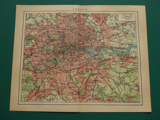 LONDEN oude kaart uit 1909 originele Nederlandse antieke landkaart van Londen en omgeving
