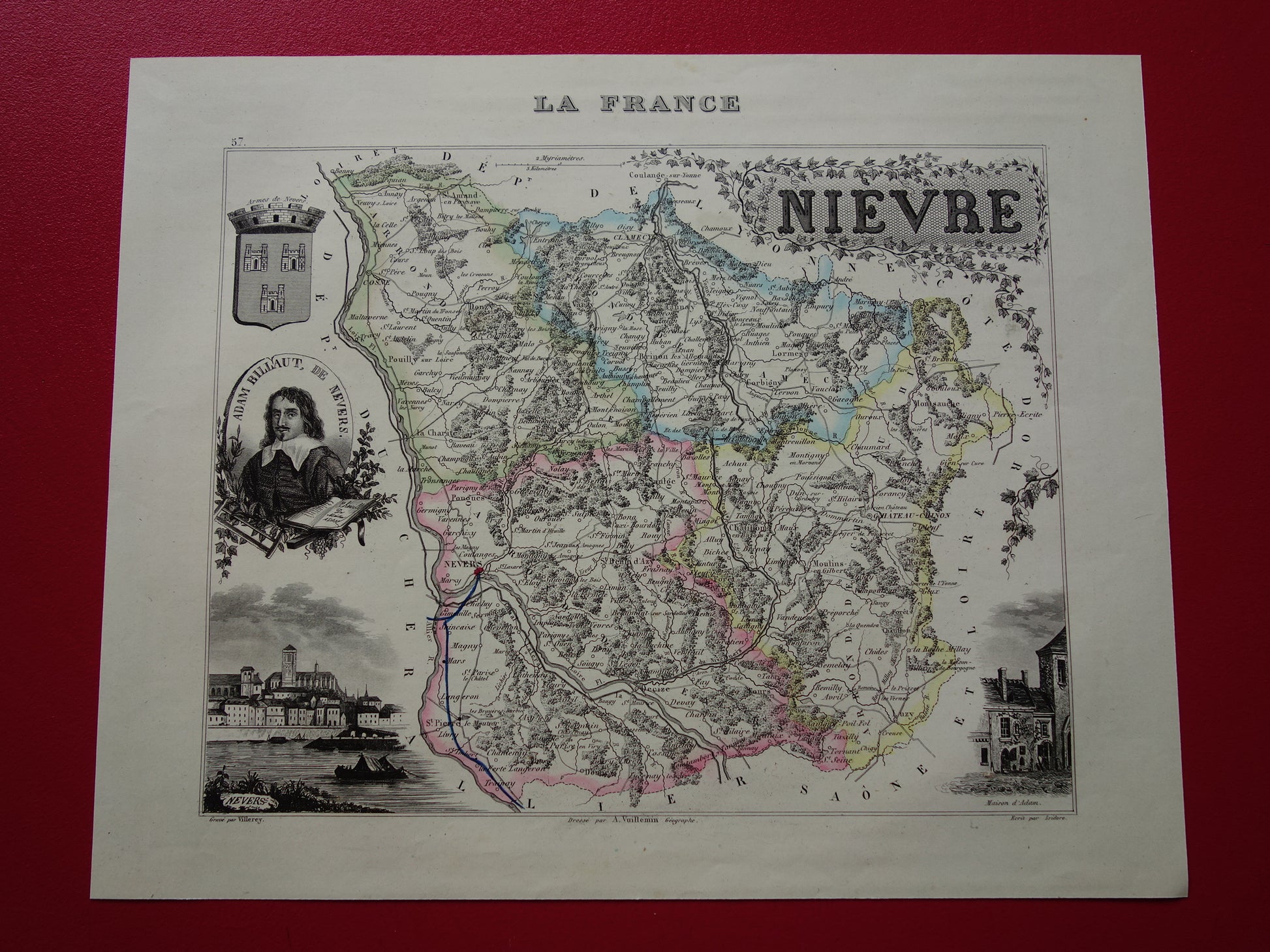 Oude kaart van NIEVRE departement in Frankrijk uit 1856 originele antieke handgekleurde landkaart Nevers Decize Cosne-Cours-sur-Loire