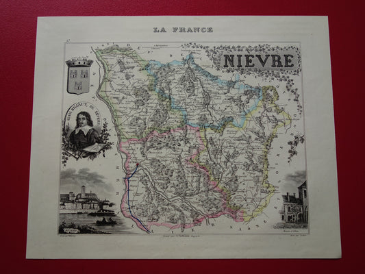 Oude kaart van NIEVRE departement in Frankrijk uit 1856 originele antieke handgekleurde landkaart Nevers Decize Cosne-Cours-sur-Loire