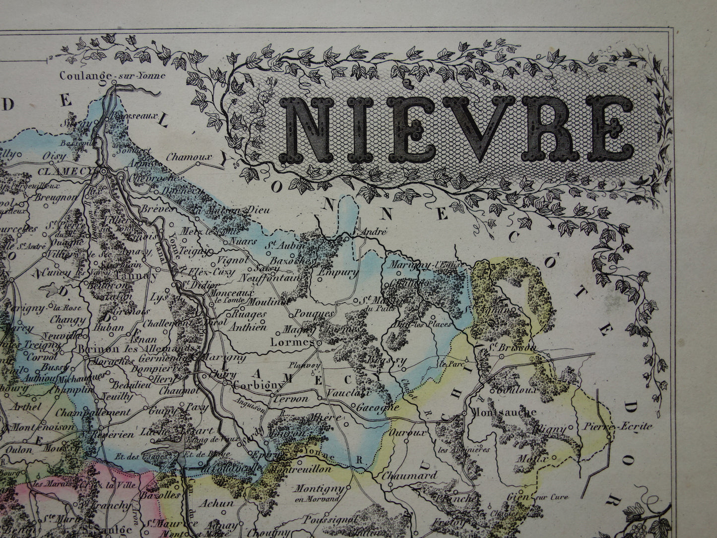 Old map of NIEVRE department in France from 1856 original antique hand-colored map Nevers Decize Cosne-Cours-sur-Loire