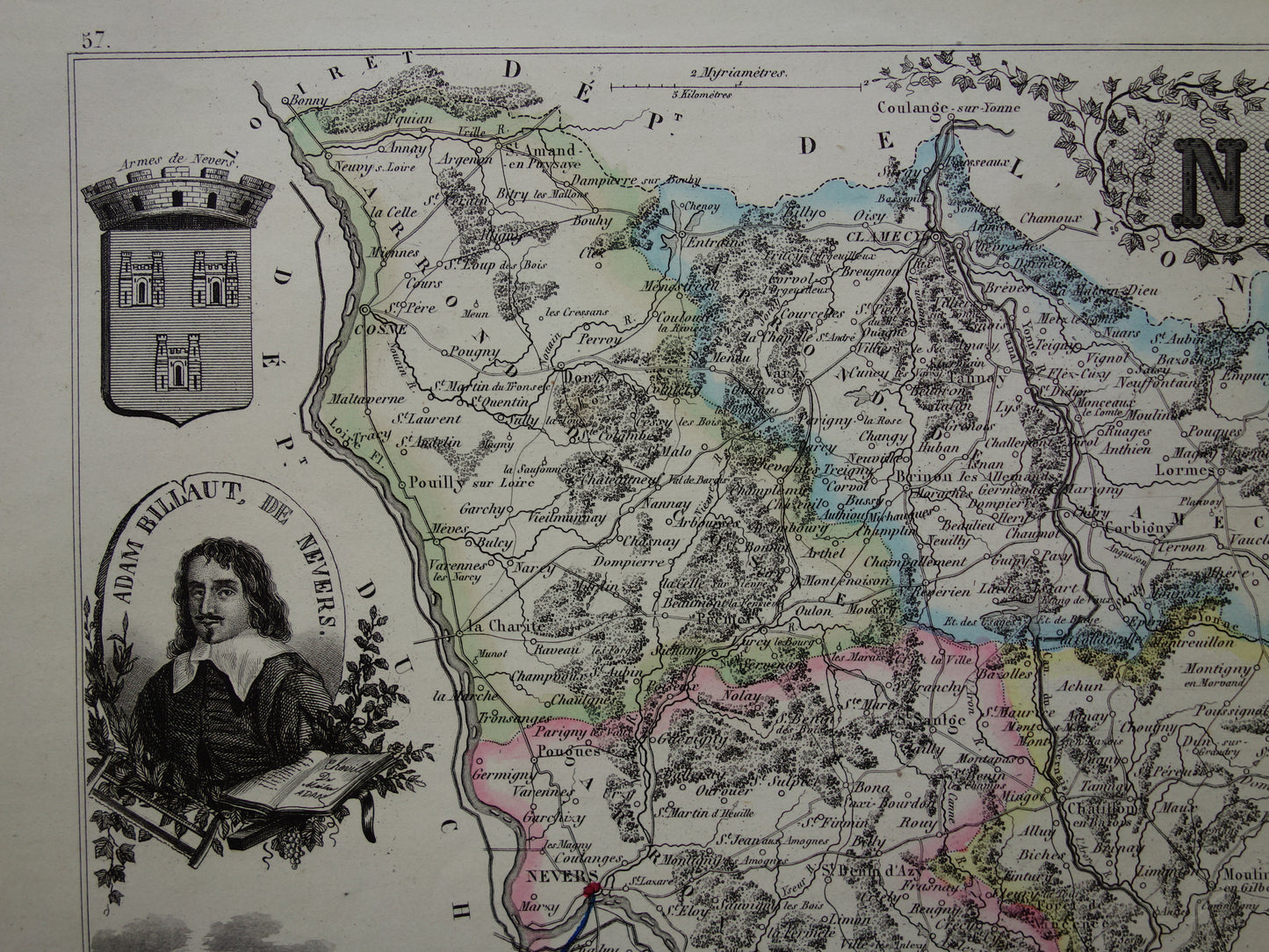 Old map of NIEVRE department in France from 1856 original antique hand-colored map Nevers Decize Cosne-Cours-sur-Loire