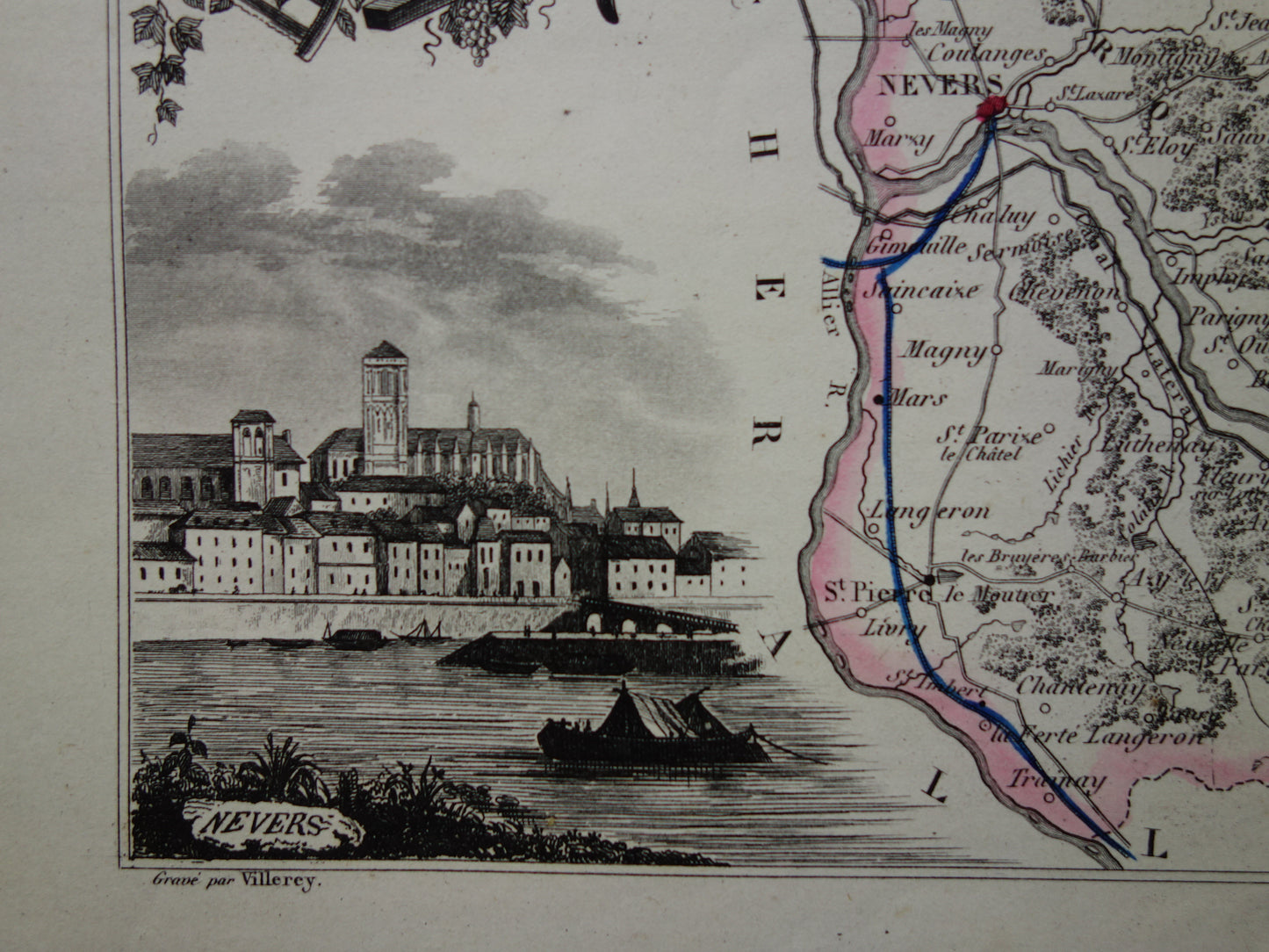 Old map of NIEVRE department in France from 1856 original antique hand-colored map Nevers Decize Cosne-Cours-sur-Loire