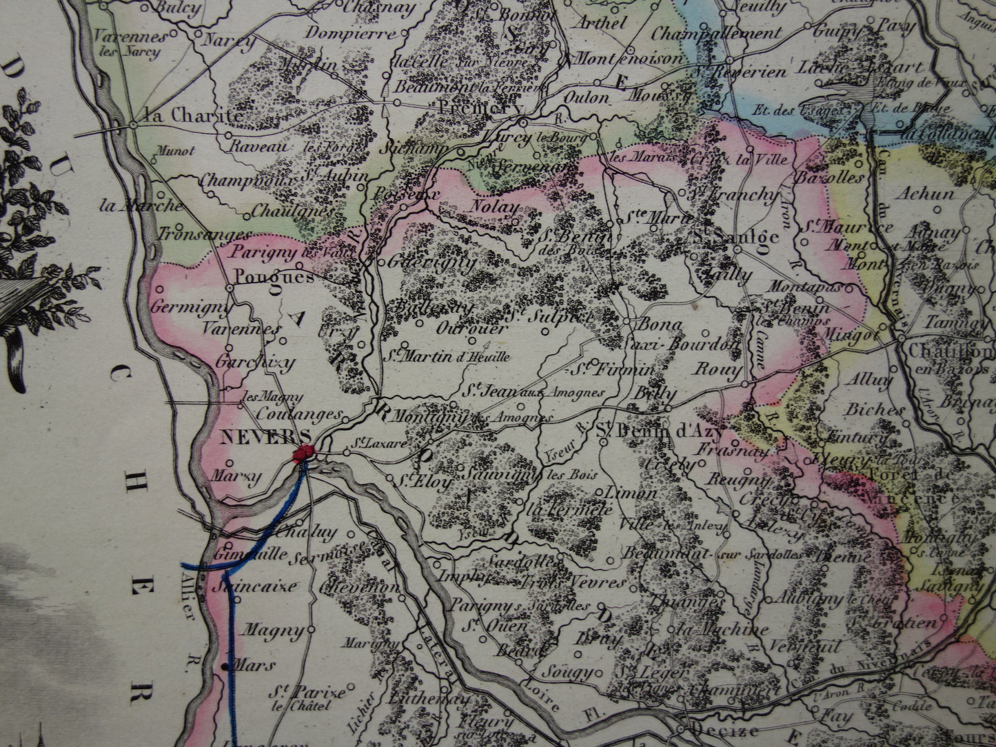 Old map of NIEVRE department in France from 1856 original antique hand-colored map Nevers Decize Cosne-Cours-sur-Loire