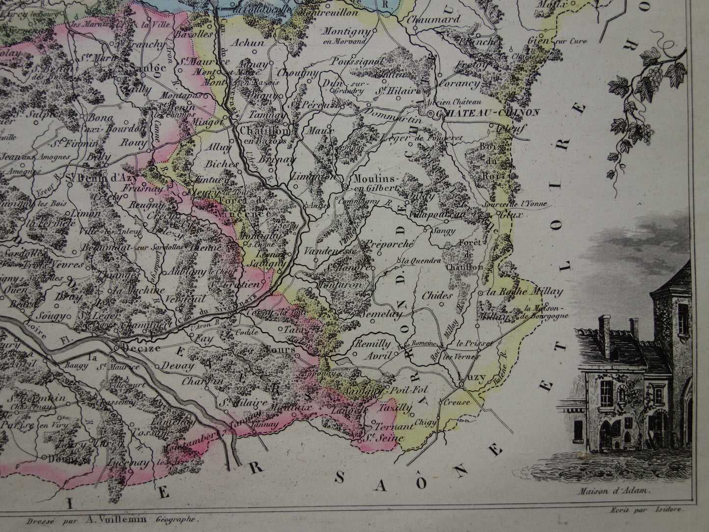 Old map of NIEVRE department in France from 1856 original antique hand-colored map Nevers Decize Cosne-Cours-sur-Loire