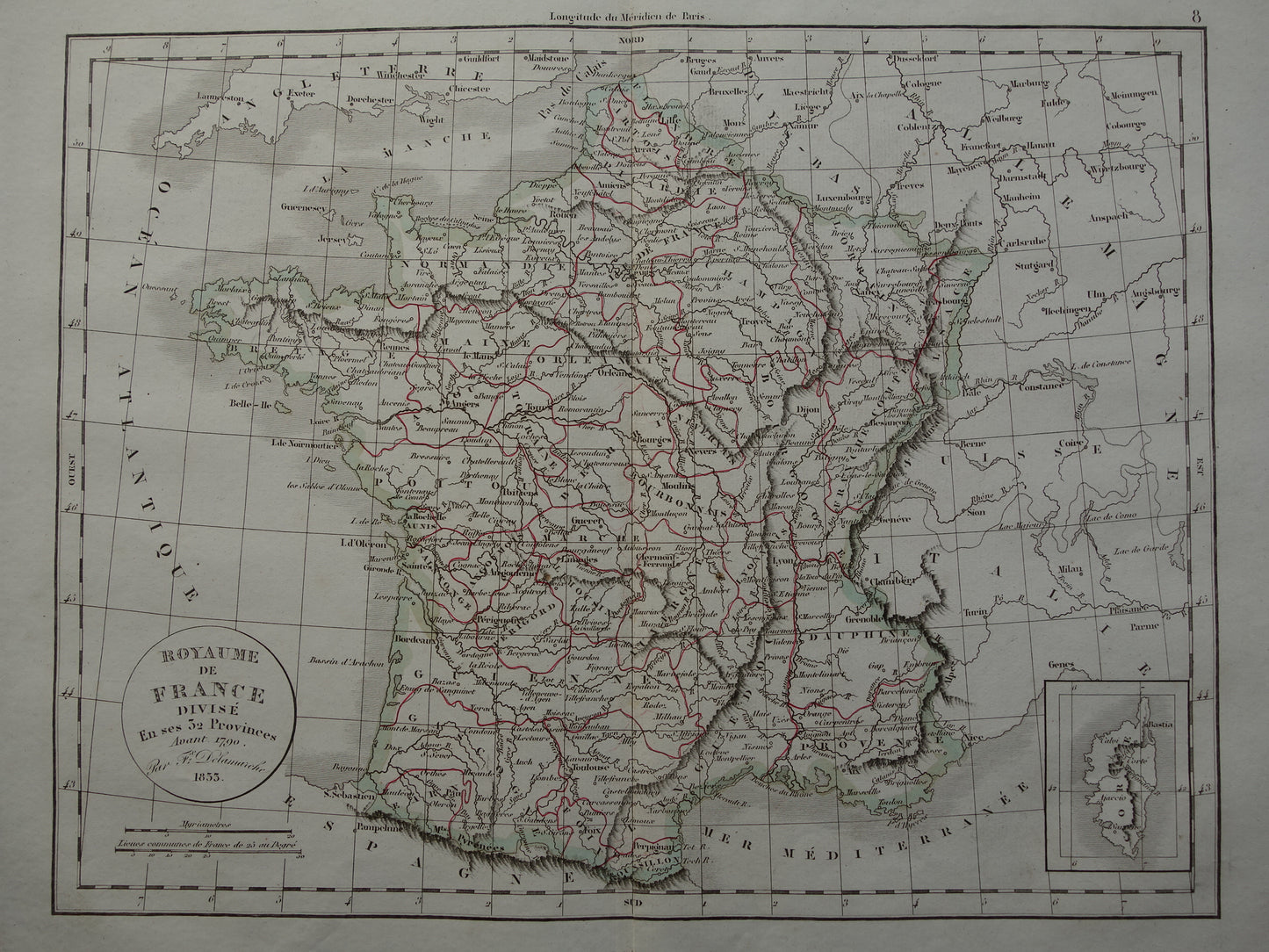 FRANCE old historical map of 32 provinces France before 1790 - original antique map from 1833