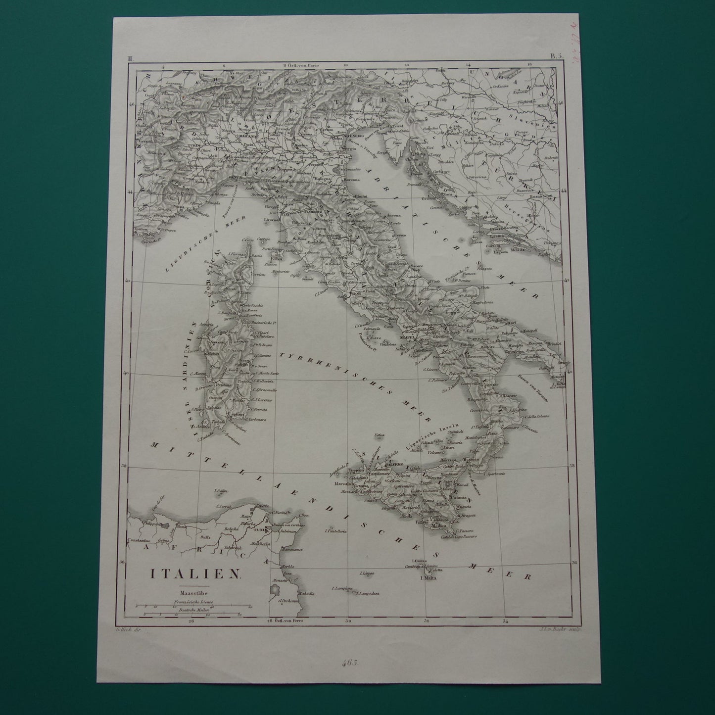 170+ jaar oude landkaart van ITALIË uit 1849 originele antieke kaart zwart/wit