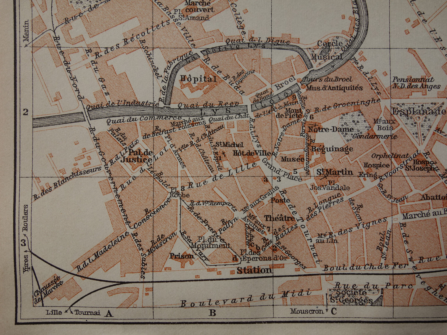 KORTRIJK old map of Kortrijk / Courtrai Belgium from 1910 small original antique map map
