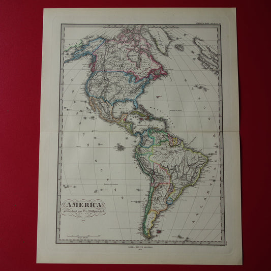 NOORD EN ZUID-AMERIKA oude kaart van VS Canada Patagonië Brazilië 1878 originele antieke Duitse handgekleurde landkaart poster met jaartal