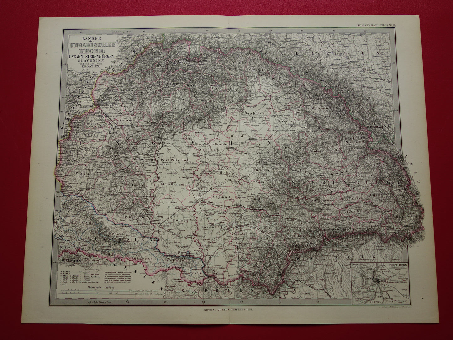 Hungary Romania vintage map from 1878 of Budapest Transylvania Original old antique map with date - historical maps Austria-Hungary