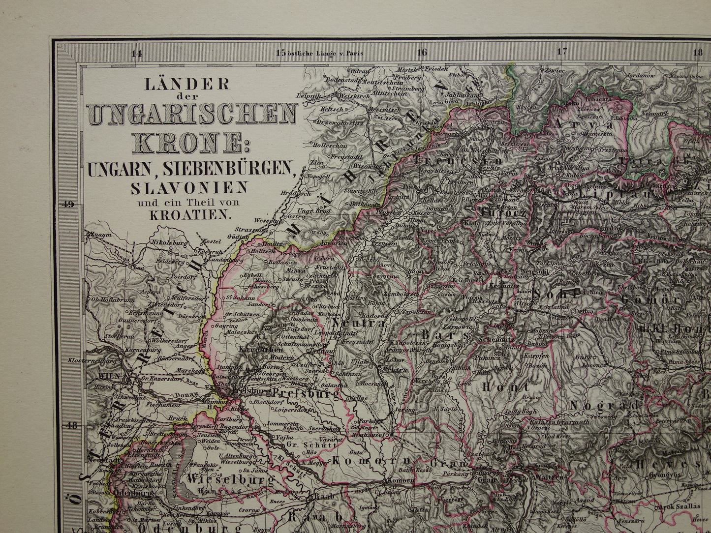 Hungary Romania vintage map from 1878 of Budapest Transylvania Original old antique map with date - historical maps Austria-Hungary