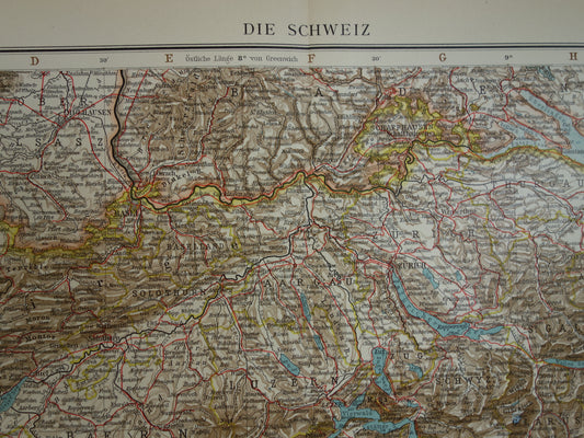 SWITZERLAND Old map of Switzerland - Detailed large map with year 1909 - Original vintage maps