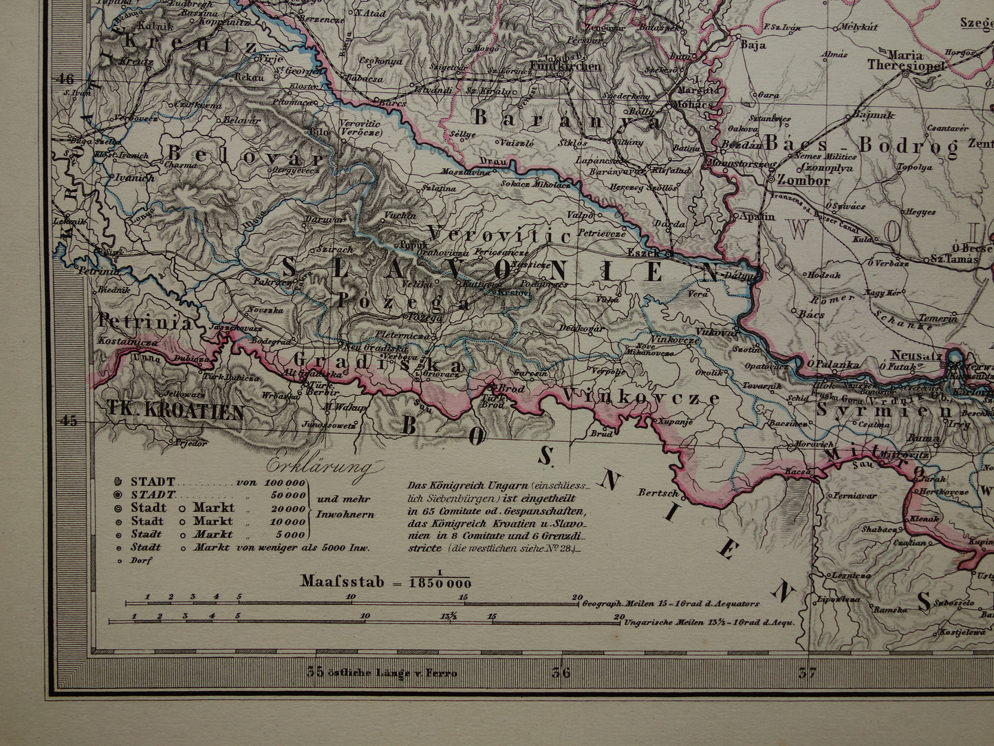 Hungary Romania vintage map from 1878 of Budapest Transylvania Original old antique map with date - historical maps Austria-Hungary