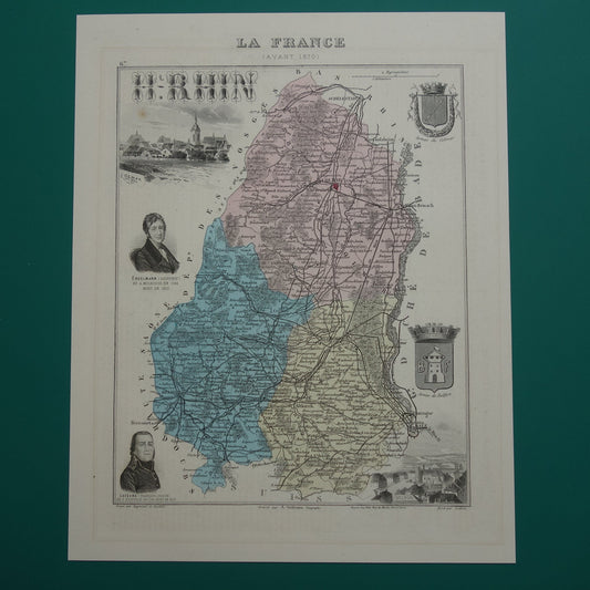 Haut-Rhin, Frankreich. Alte Karte von 1882, originale, handkolorierte antike Karte von Colmar.