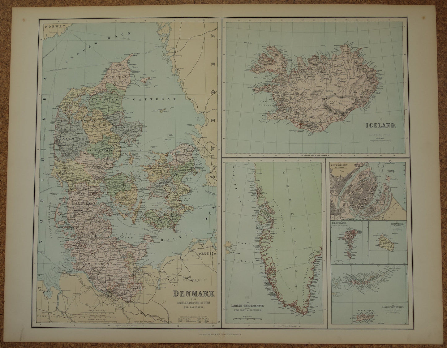 Denemarken grote oude kaart van Denemarken Groenland en Ijsland uit 1890 originele antieke landkaart poster