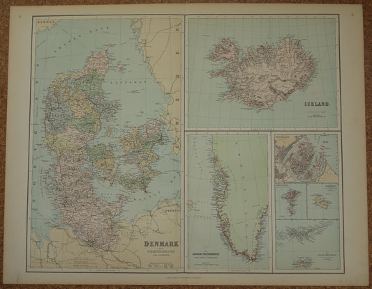 Denemarken grote oude kaart van Denemarken Groenland en Ijsland uit 1890 originele antieke landkaart poster