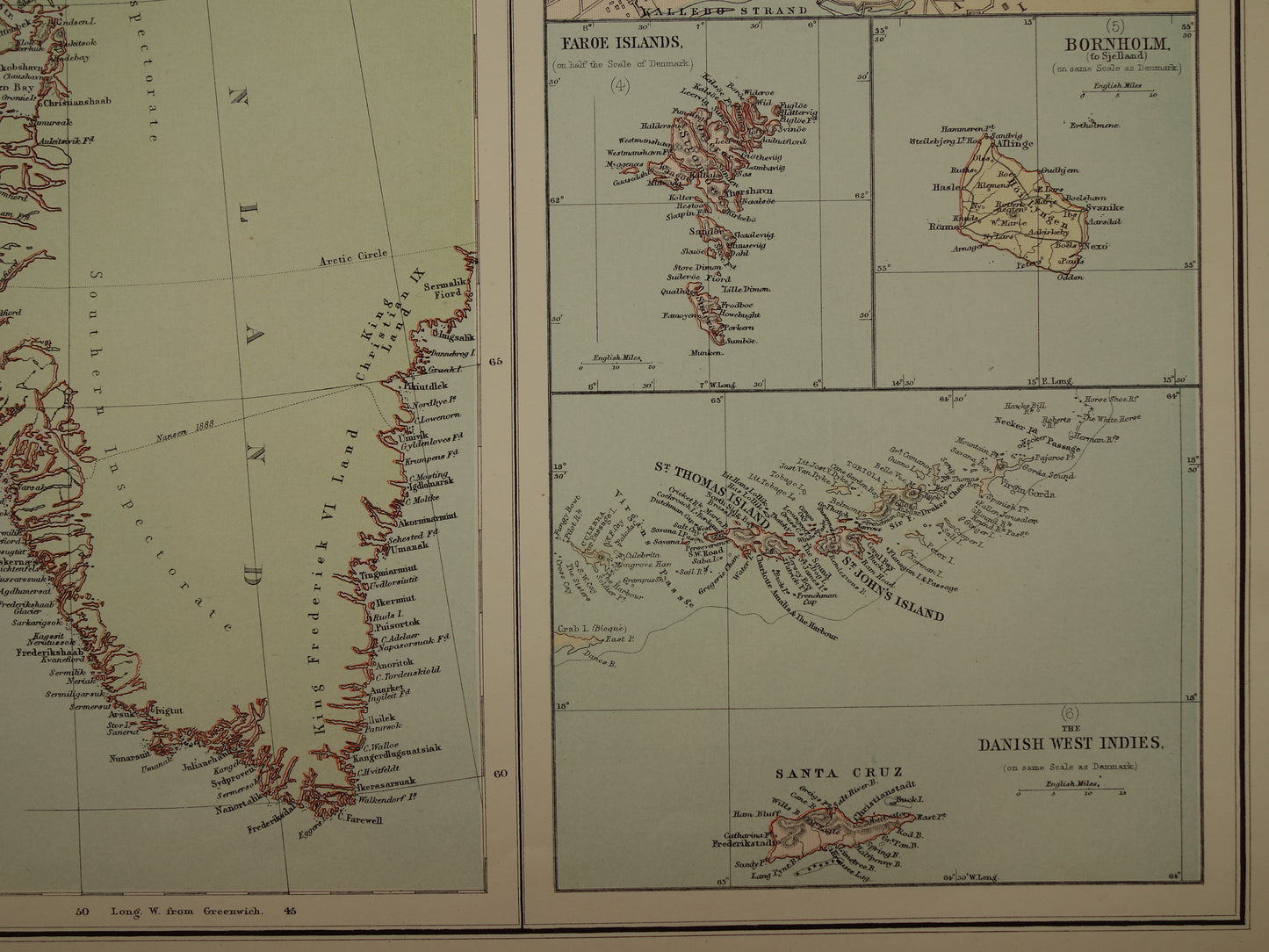 Denmark large old map of Denmark Greenland and Iceland from 1890 original antique map poster