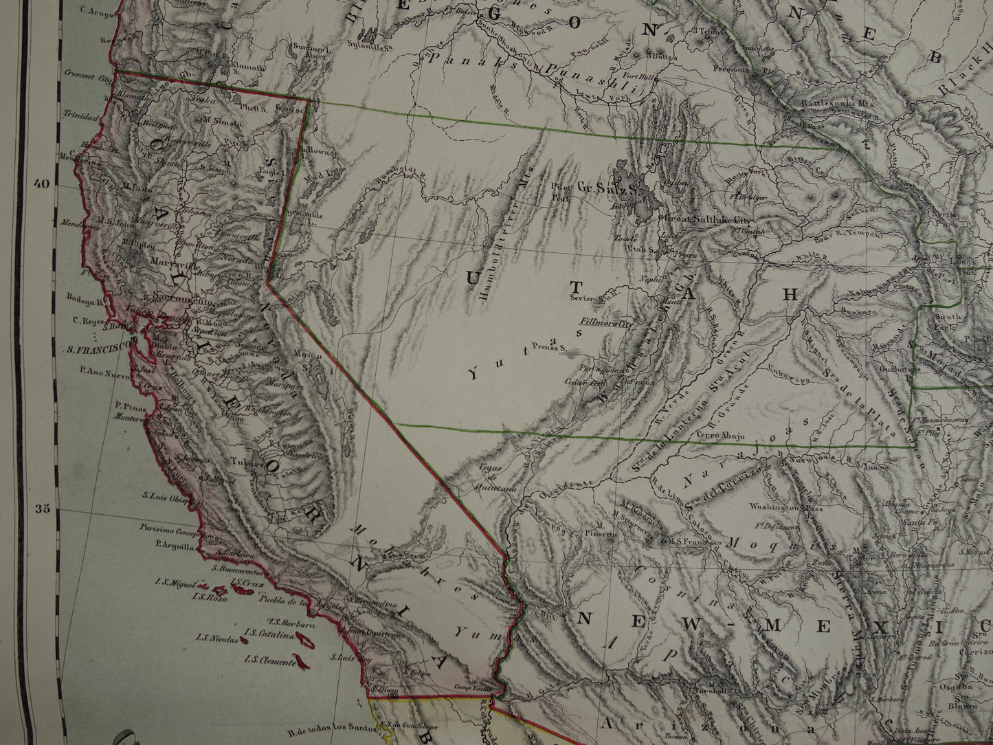 United States West Coast old map of USA in 1857 original antique map America vintage poster
