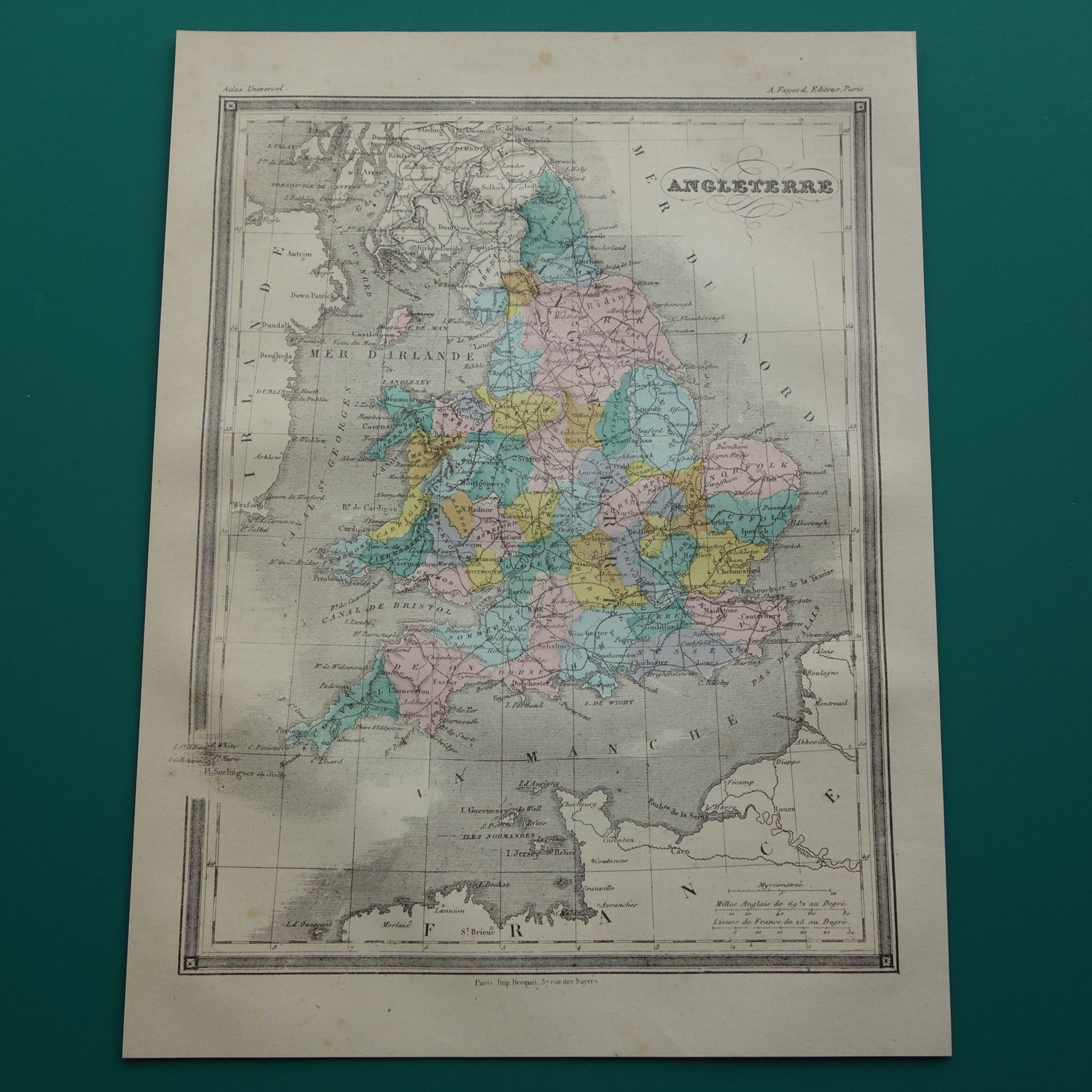 Oude kaart van Engeland en Wales uit 1877 originele antieke Franse handgekleurde landkaart van Engeland
