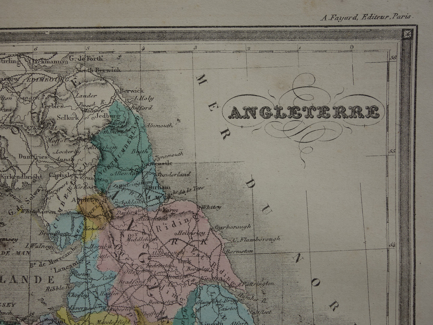Oude kaart van Engeland en Wales uit 1877 originele antieke Franse handgekleurde landkaart van Engeland