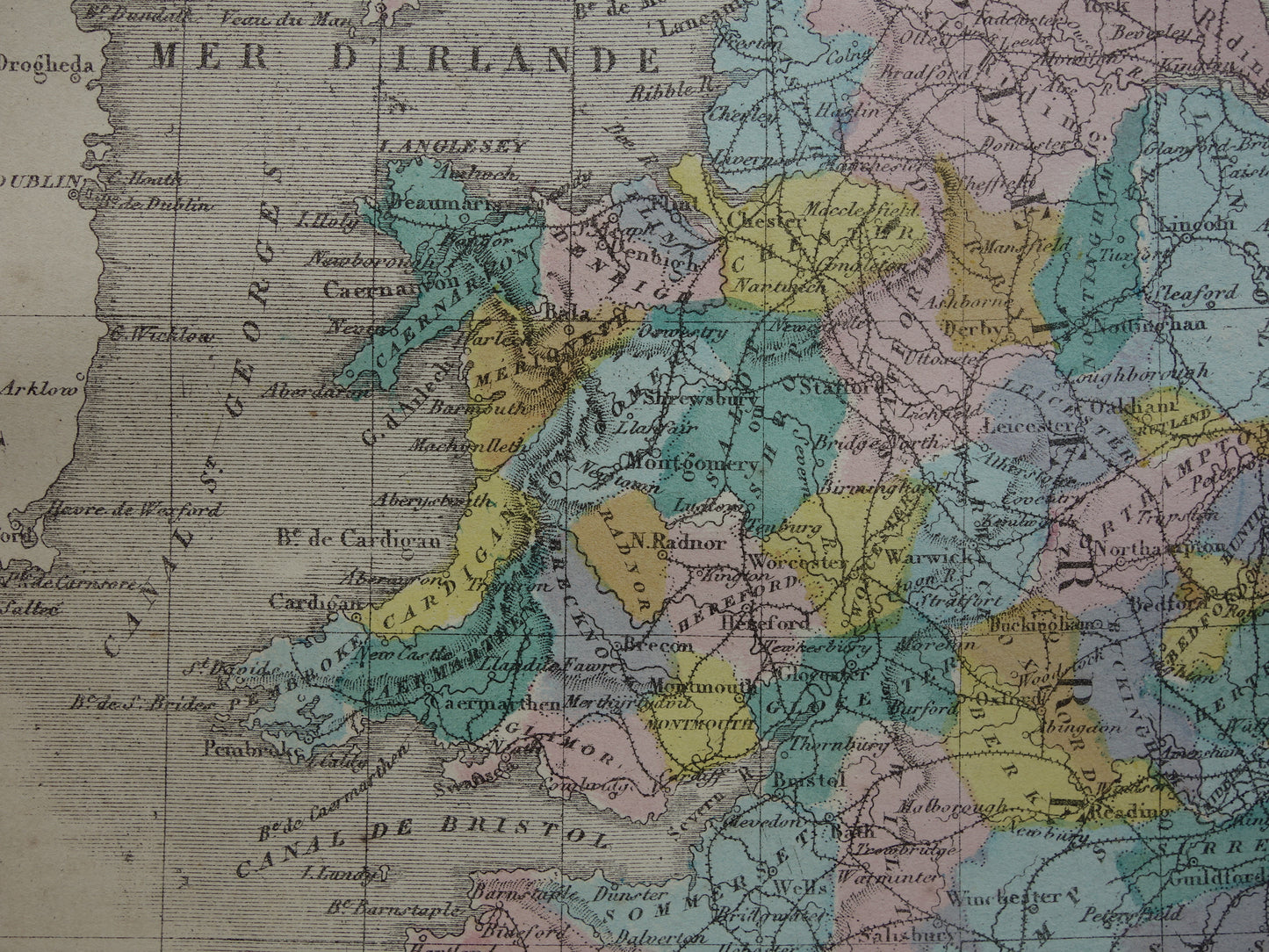 Oude kaart van Engeland en Wales uit 1877 originele antieke Franse handgekleurde landkaart van Engeland