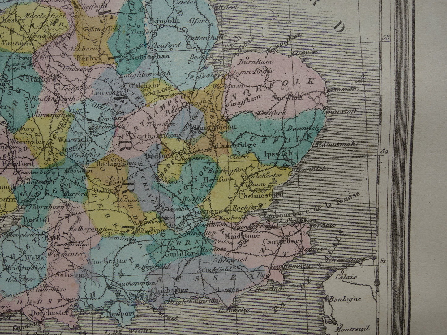 Oude kaart van Engeland en Wales uit 1877 originele antieke Franse handgekleurde landkaart van Engeland
