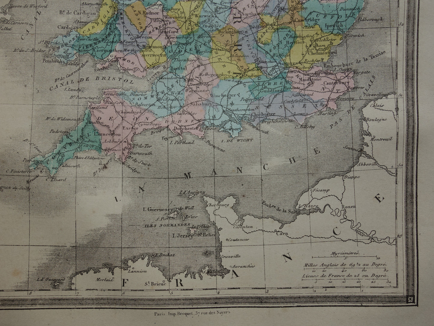 Oude kaart van Engeland en Wales uit 1877 originele antieke Franse handgekleurde landkaart van Engeland
