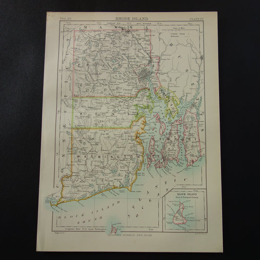 Originele oude kaart van Rhode Island uit 1886 antieke Engelse landkaart RI Staat USA VS