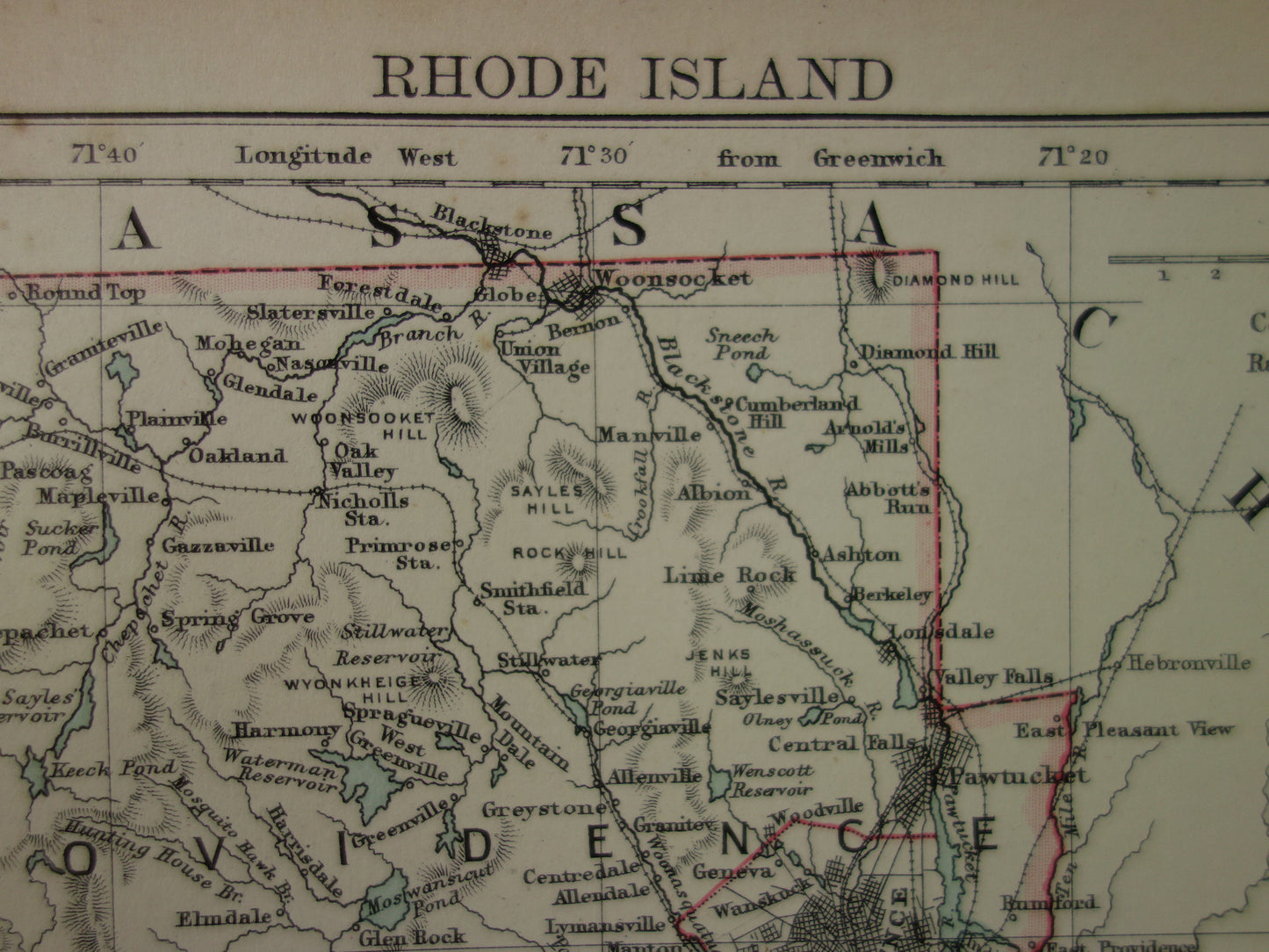 Original Old Map of Rhode Island from 1886 Antique English Map RI State USA