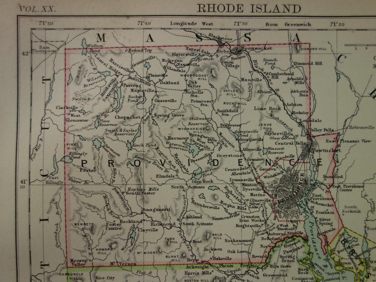 Original Old Map of Rhode Island from 1886 Antique English Map RI State USA