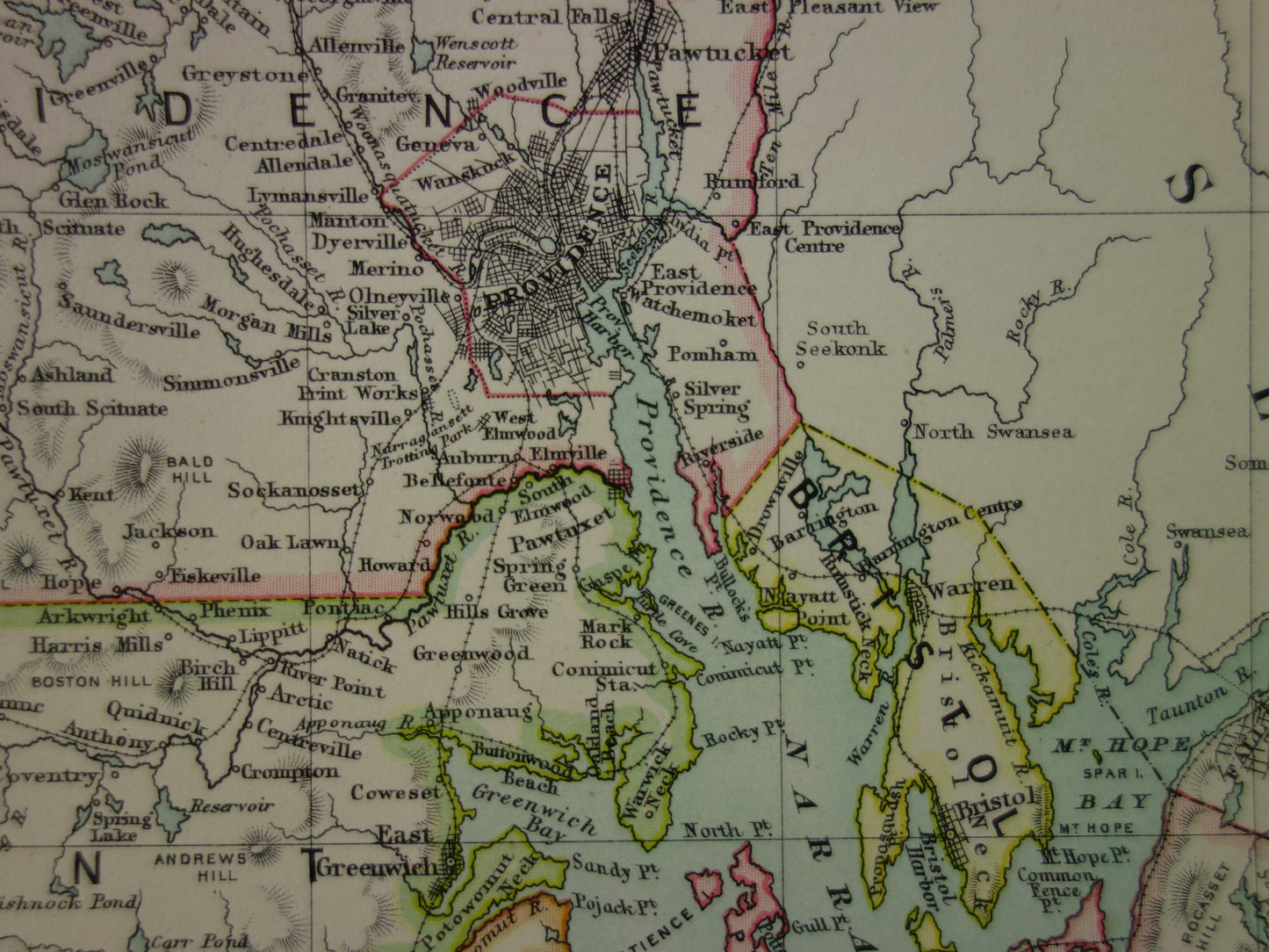 Original Old Map of Rhode Island from 1886 Antique English Map RI State USA
