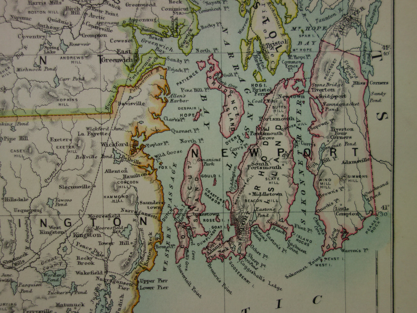 Original Old Map of Rhode Island from 1886 Antique English Map RI State USA