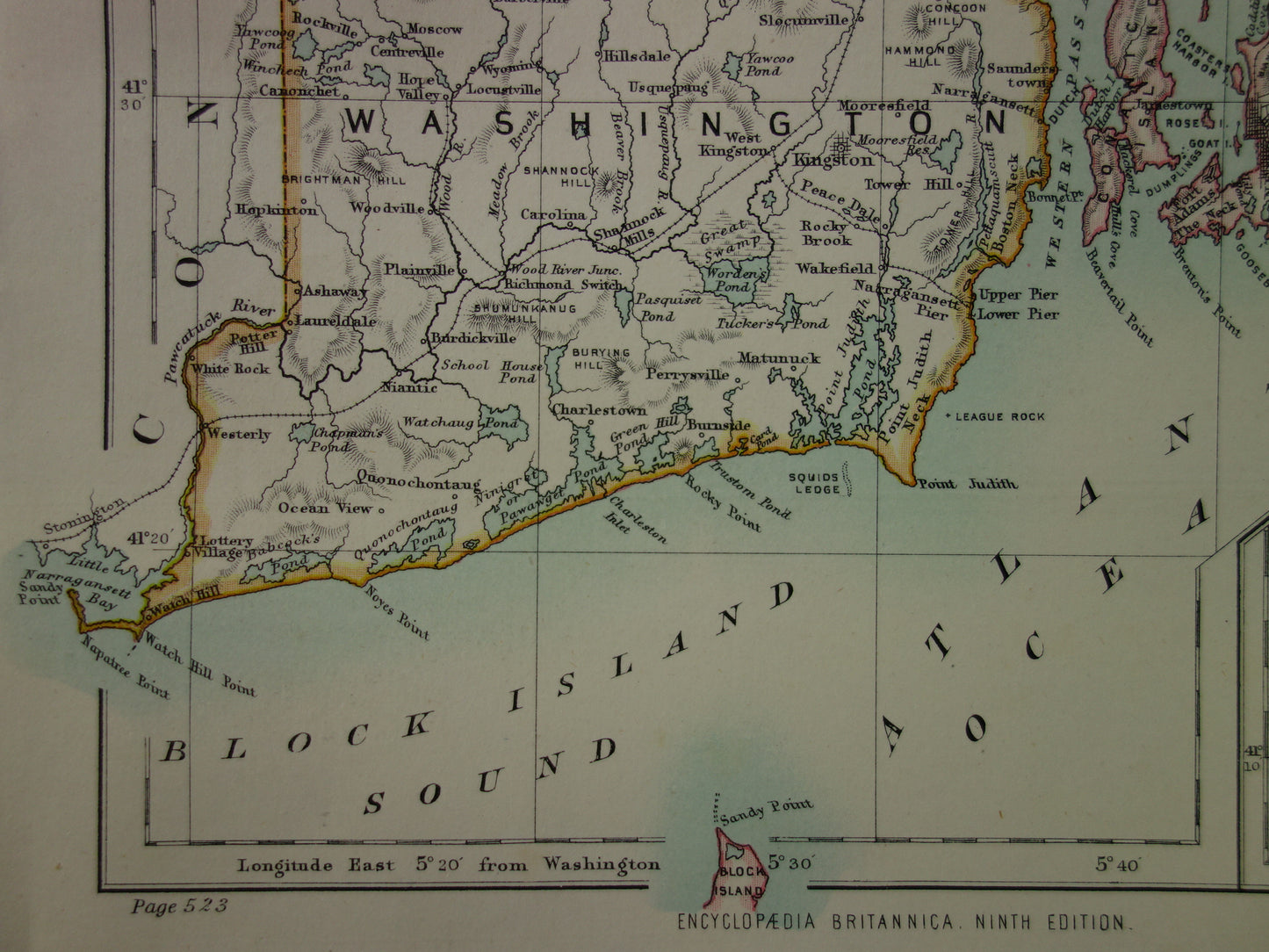 Original Old Map of Rhode Island from 1886 Antique English Map RI State USA