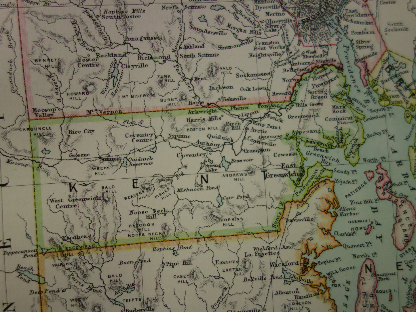 Original Old Map of Rhode Island from 1886 Antique English Map RI State USA