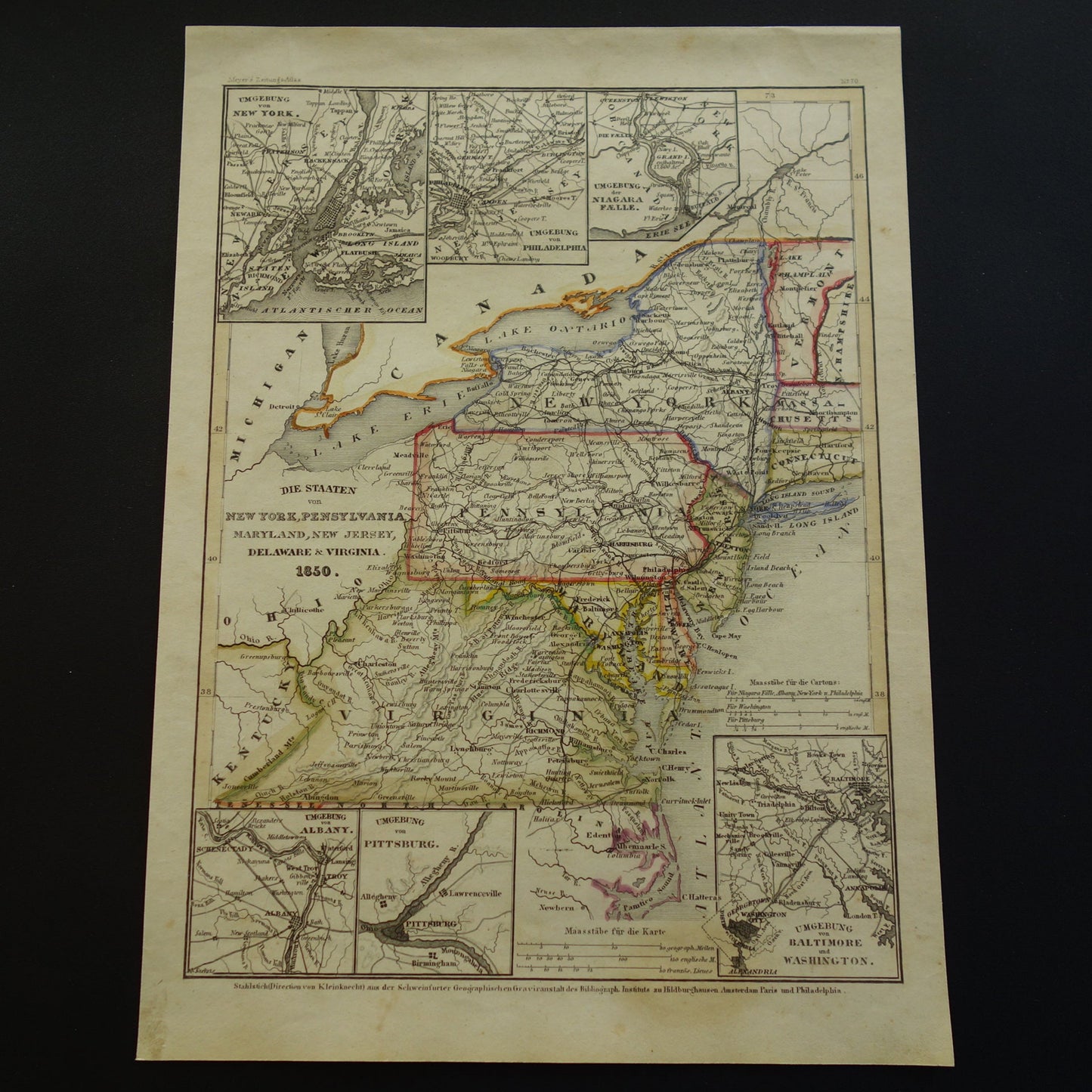 Oude kaart van de noordoostkust van de VS uit 1850 met de staten New York New Jersey Pennsylvania - antieke landkaart met jaartal
