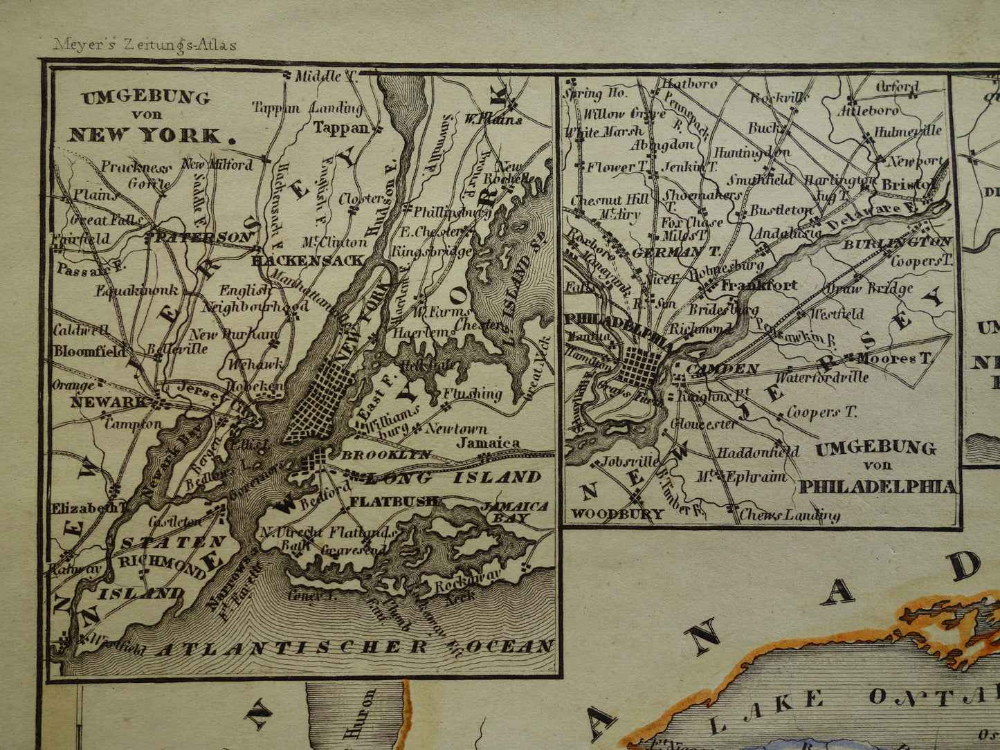 Oude kaart van de noordoostkust van de VS uit 1850 met de staten New York New Jersey Pennsylvania - antieke landkaart met jaartal