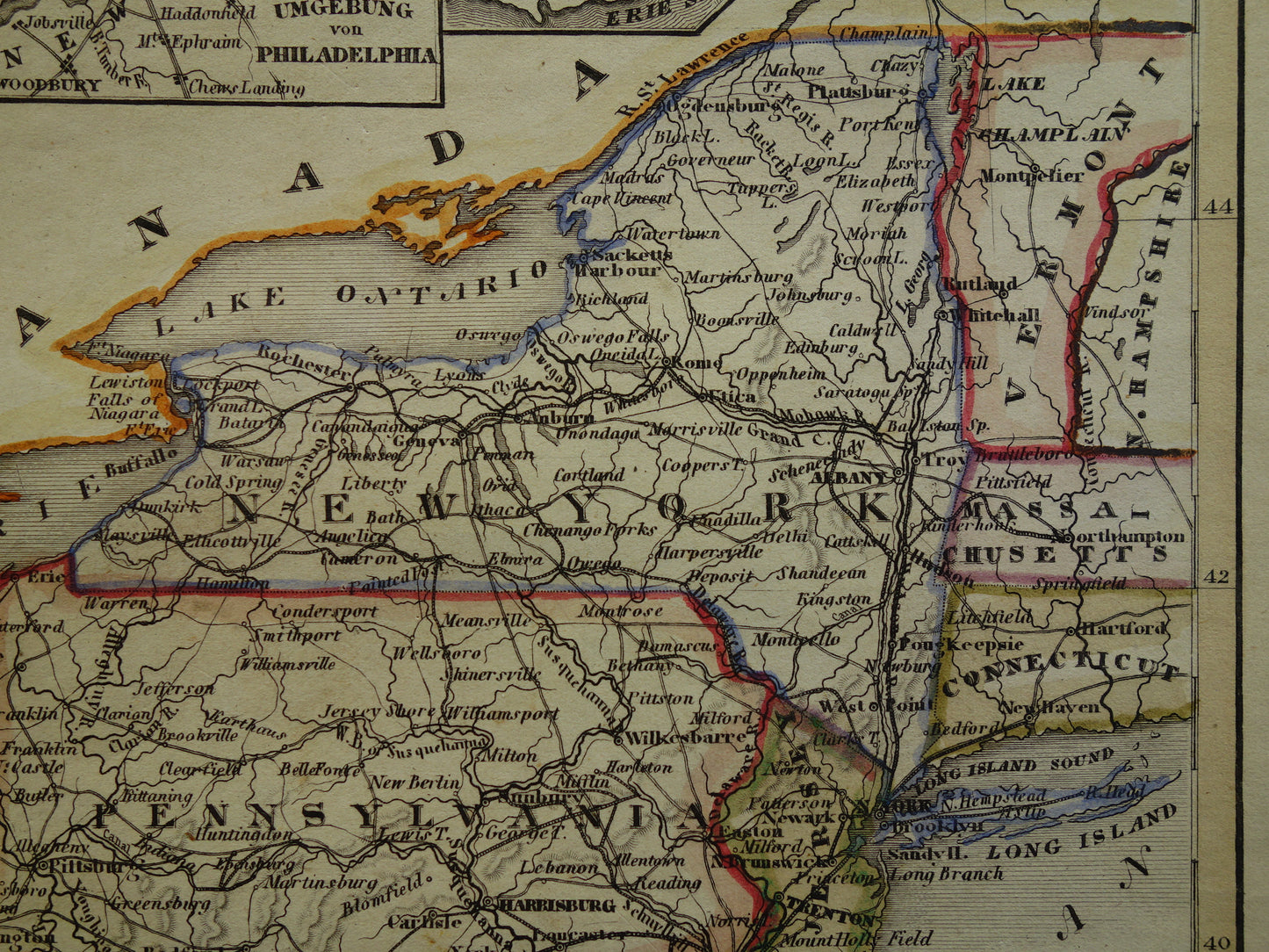 Oude kaart van de noordoostkust van de VS uit 1850 met de staten New York New Jersey Pennsylvania - antieke landkaart met jaartal