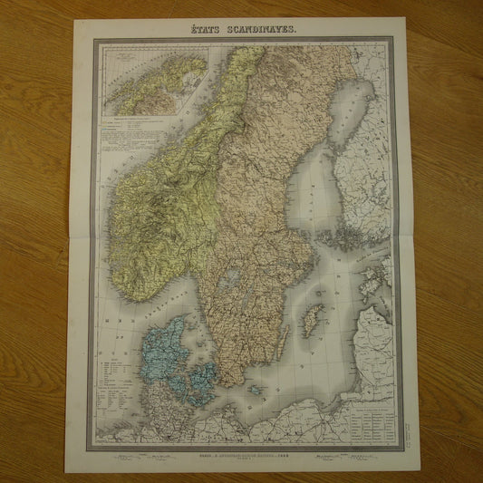 SCANDINAVIE Oude landkaart van Noorwegen Zweden Denemarken uit 1883 originele antieke kaart vintage poster