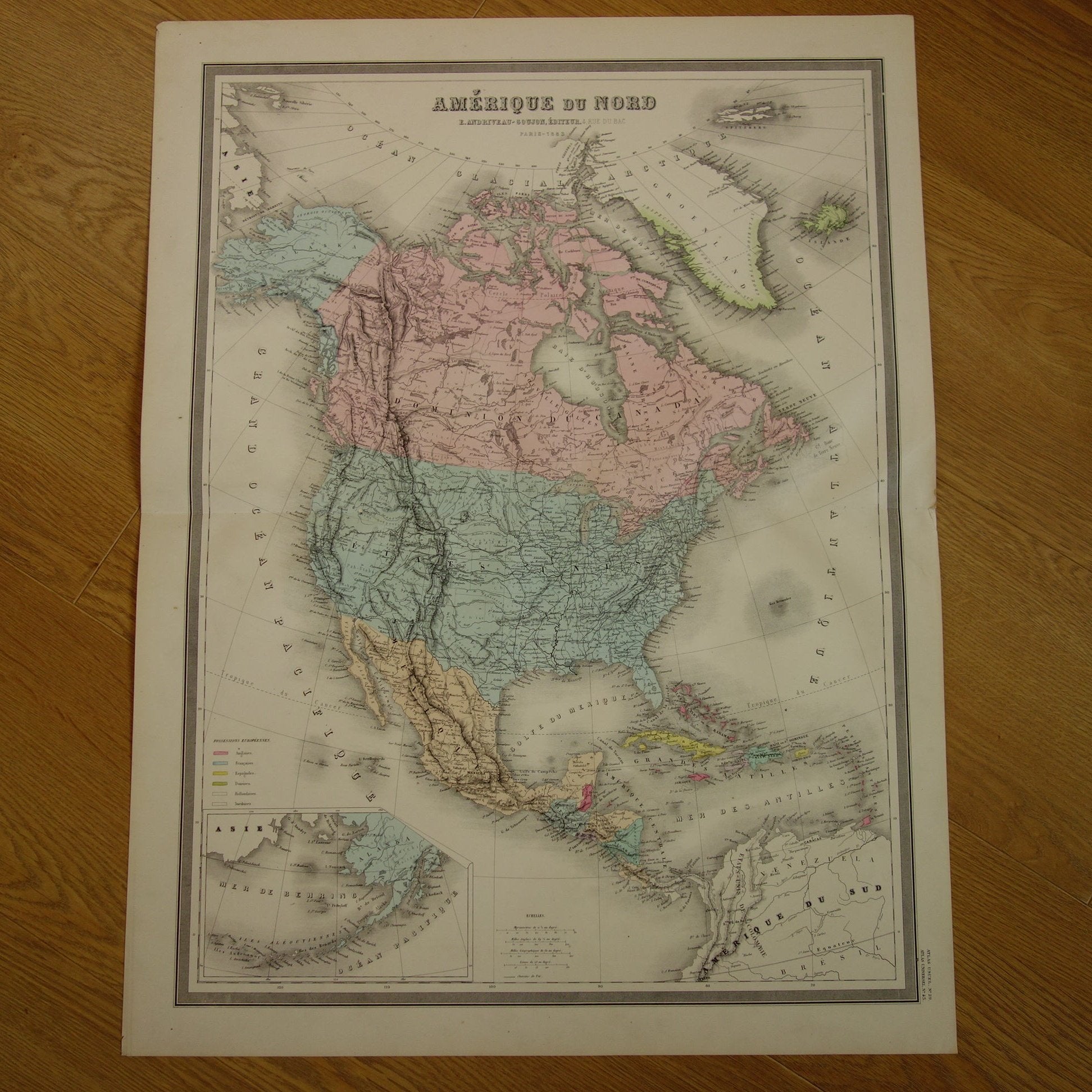 NOORD-AMERIKA Grote oude landkaart uit 1883 originele antieke Franse kaart Canada Verenigde Staten Mexico