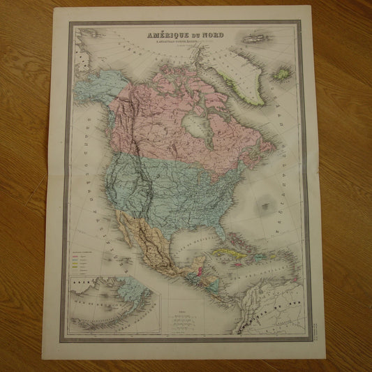 NOORD-AMERIKA Grote oude landkaart uit 1883 originele antieke Franse kaart Canada Verenigde Staten Mexico