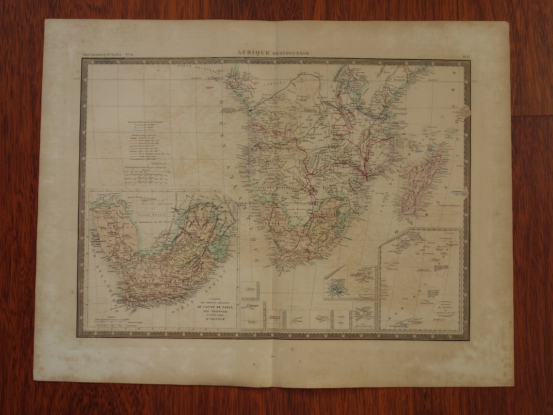 AFRIKA Große alte Karte von Südafrika 1875 Original antike Karte mit Routen von Entdeckern Livingstone