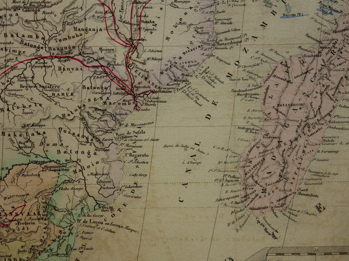 AFRIKA Große alte Karte von Südafrika 1875 Original antike Karte mit Routen von Entdeckern Livingstone