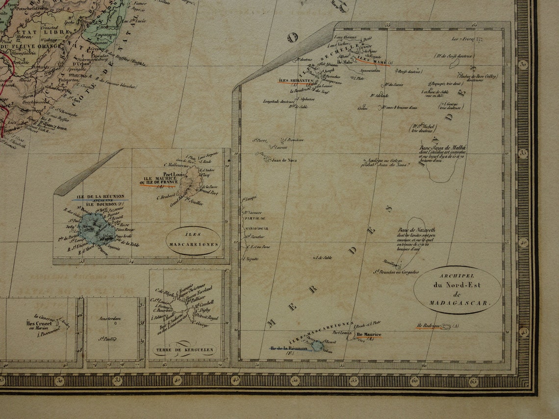 AFRIKA Große alte Karte von Südafrika 1875 Original antike Karte mit Routen von Entdeckern Livingstone