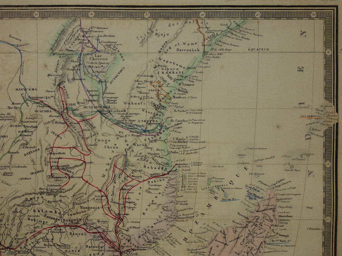 AFRIKA Große alte Karte von Südafrika 1875 Original antike Karte mit Routen von Entdeckern Livingstone