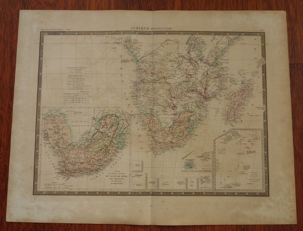 AFRIKA Grote oude kaart van zuidelijk Afrika 1875 originele antieke landkaart met routes ontdekkingsreizigers Livingstone